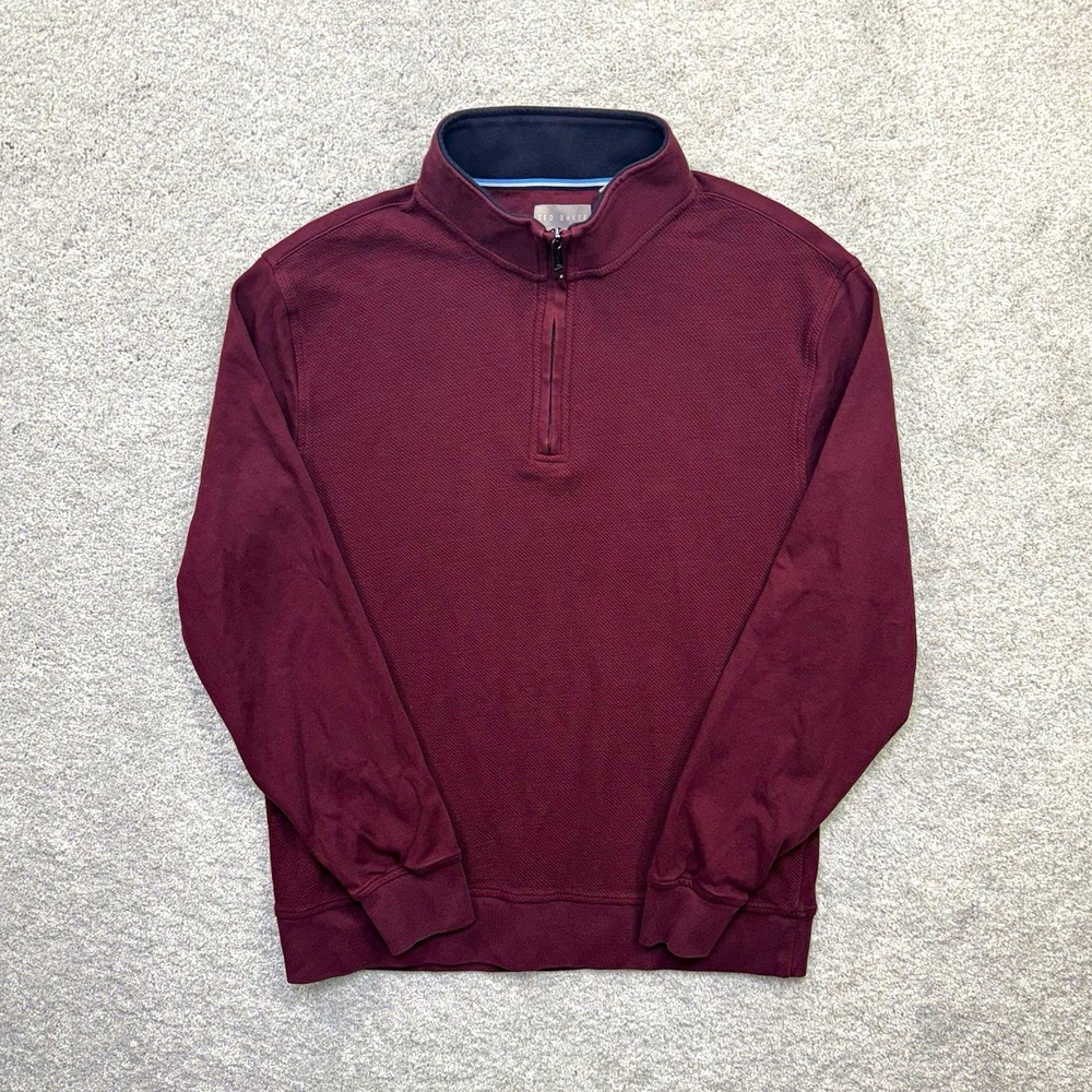 Ted Baker Mens Large Quarter Zip Pullover Burgundy Textured Mock Neck Sweater
